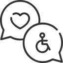 Eine Zeichnung von 2 Sprechblasen mit Roll-Stuhl und Herz. Eine Zeichnung von 2 Sprechblasen mit Roll-Stuhl und Herz.